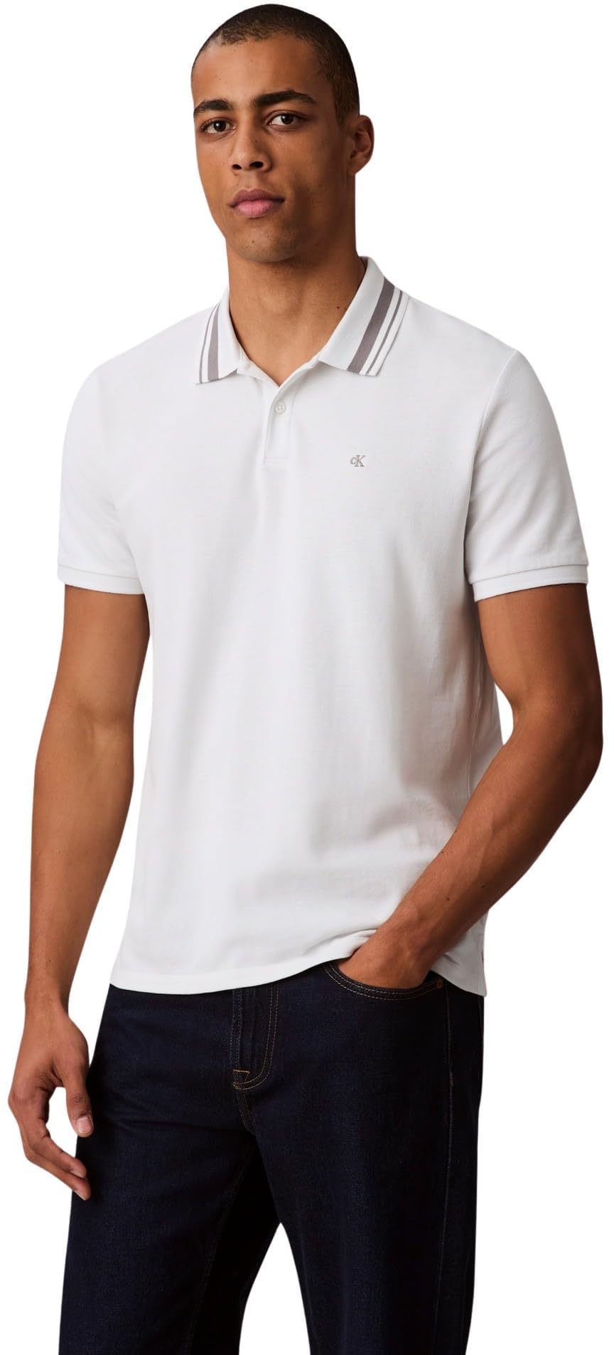 Calvin Klein Men's White (Blanc De Blanc) ’S Short Sleeve Monogram Pique Tipped Cotton Polo Shirt, 2XL