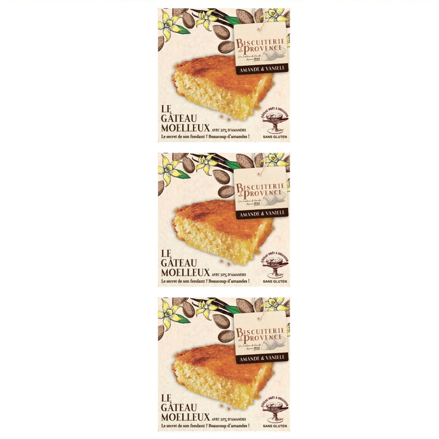 Biscuiterie de Provence Mandelkuchen mit Vanille Kuchen Süßgebäck Glutenfrei Frankreich inkl. FeinWert E-Book (3 x 120g)