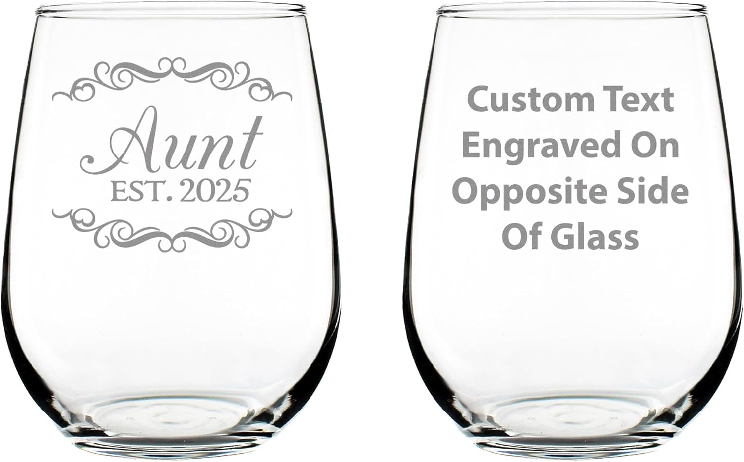 Custom Aunt Est 20XX - New Aunties Stemless Wine Glass Gift for First Time Aunts - Personalized Decorative 17 Oz Large Glasses