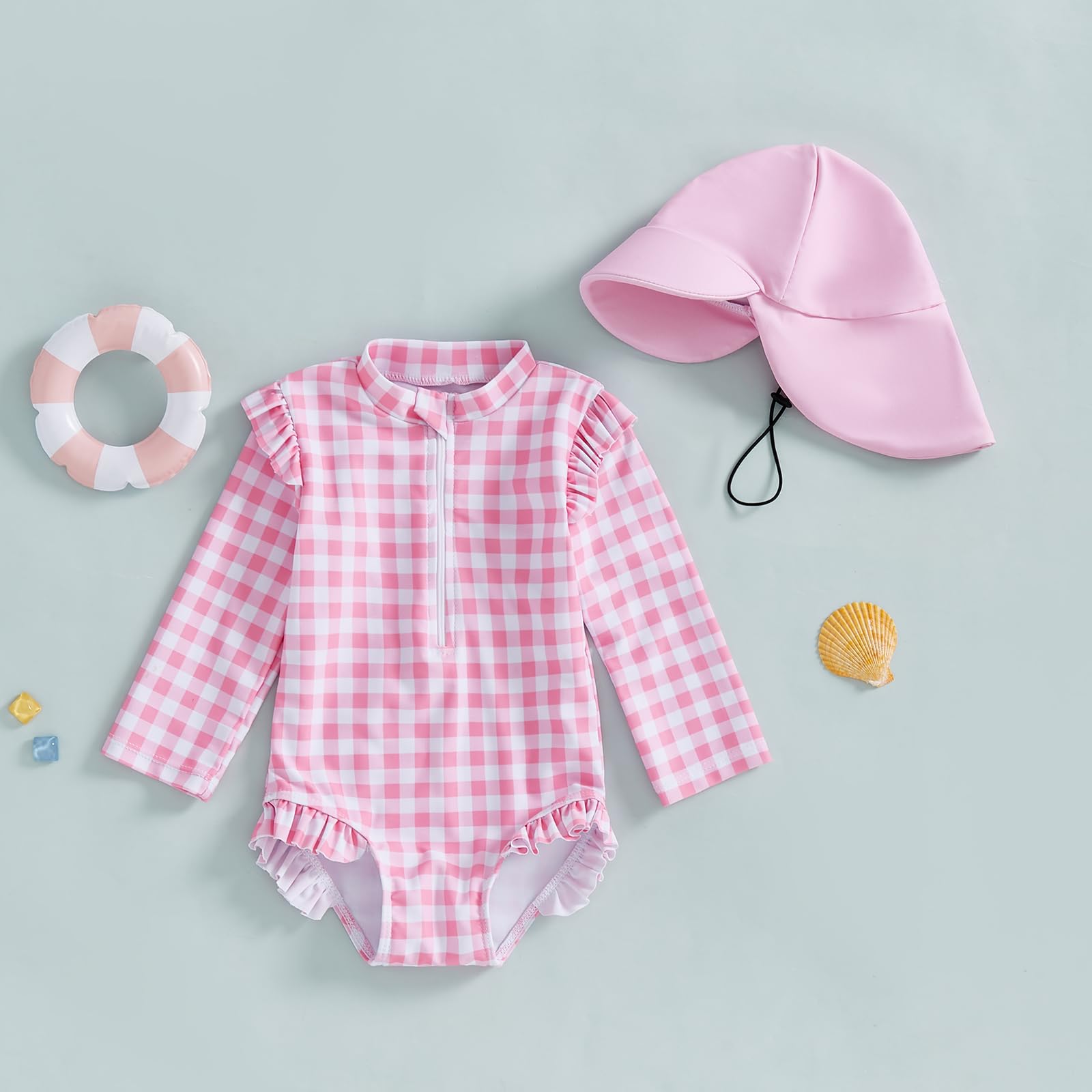 Ursobutegl Newborn Infant Baby Girl Swimsuit Checkerboard Long Sleeve Rash Guard Hat Zipper Bathing Suit Beach Wear Swimwear (Pink, 2-3 Years)