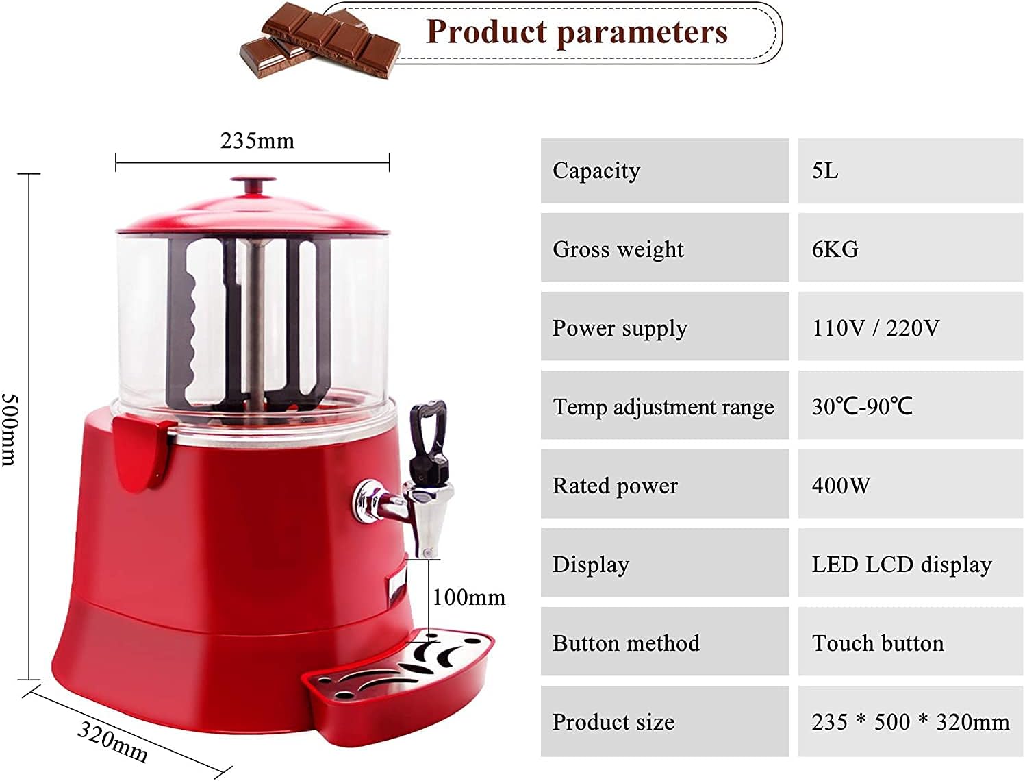 Chocolate Hot Drink Machine, Hot Melt Machine Upgrade Machine Hot Chocolate Dispenser Heater Heating Chocolate Coffee Milk Tea,10L (5L)