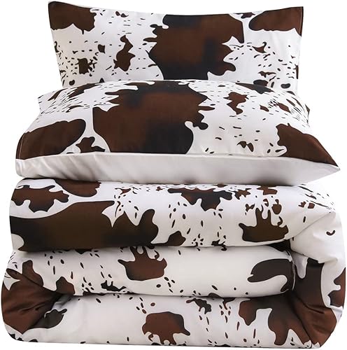 Miniatura 6 de NTBED Juego de edredón de vacas, color blanco y marrón degradado, juegos de ropa de cama de microfibra ligera para niños y niñas (individual,