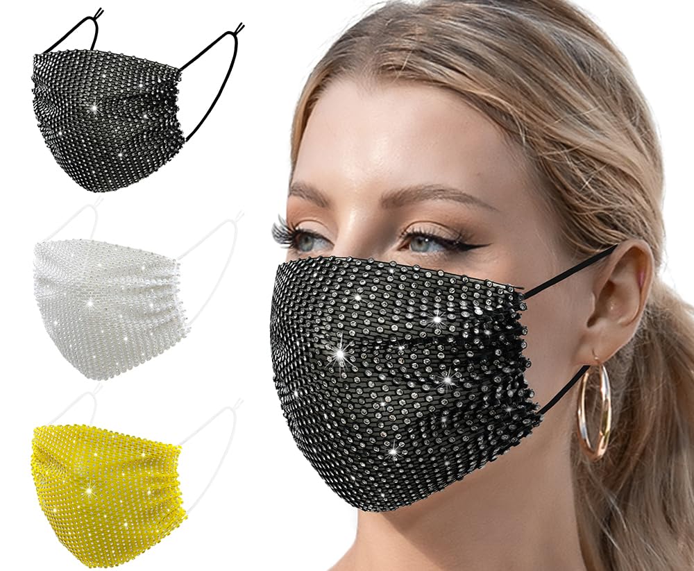 3 Pcs Multi Color Christmas Sparkling Crystal Custom Mask Gift 2026 Halloween Music Party Sparkling Rhinestone Mask Nightclub Mouth Cover Birthday Party Decoration Suitable for Women and Young Girls