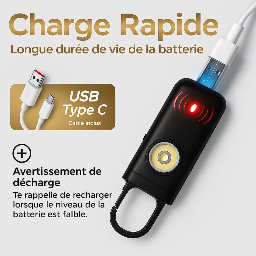 Allarme tascabile potente, allarme anti aggressione ricaricabile per sicurezza d’emergenza da 130 decibel, con luci SOS, ricarica USB Type-C, leggero, protezione per bambini, donne e persone anziane