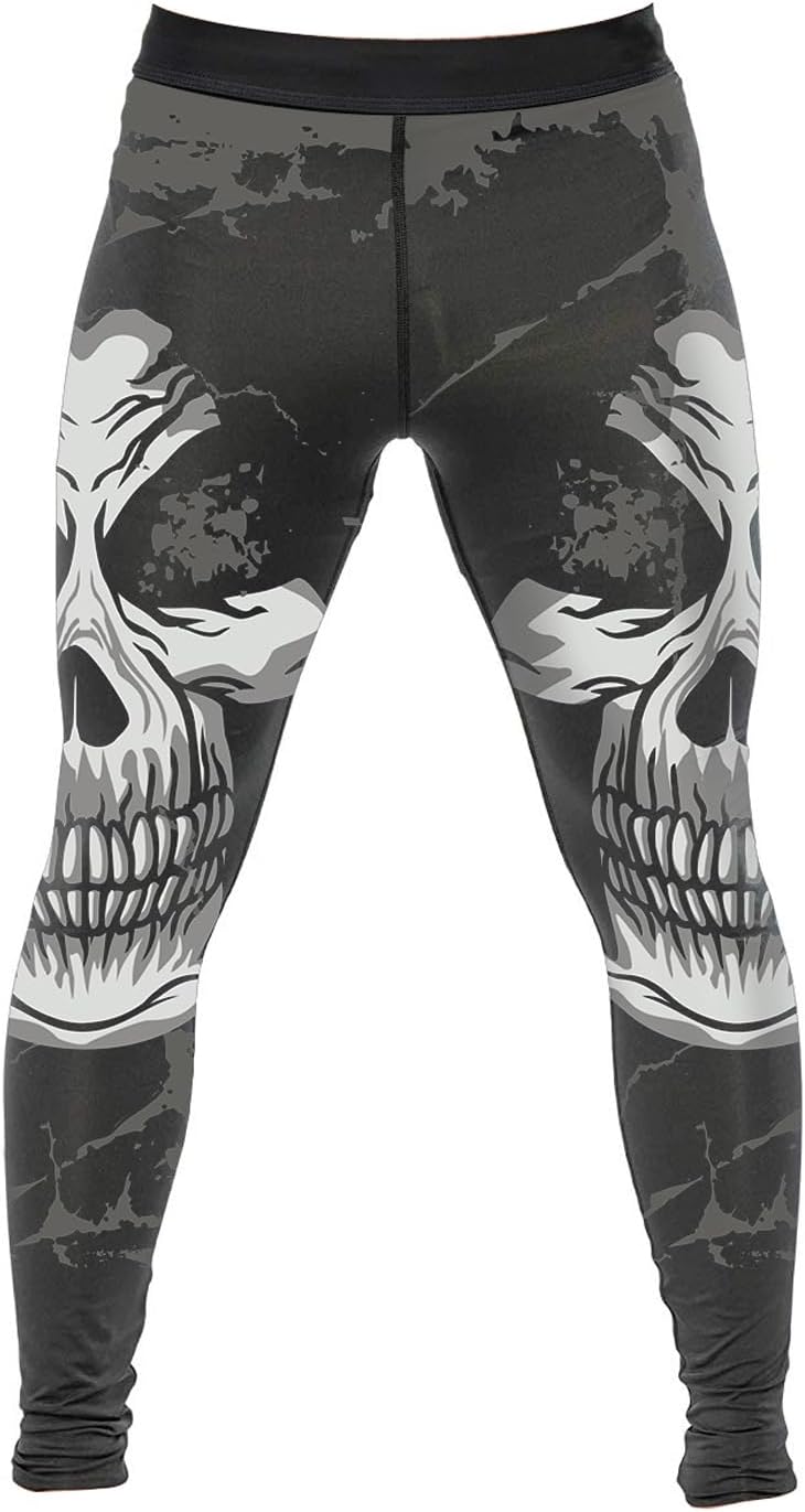 Men's BJJ Spats Skull Printed Leggings Tights, Compression Pants for Multi-Sport