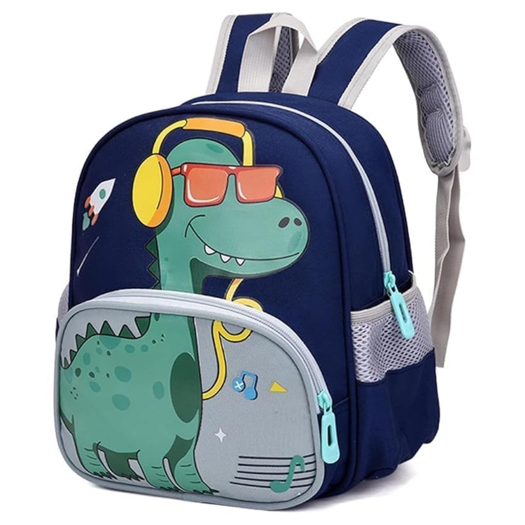Impulse Tiny T-Rex Blue Kids School Backpack | Polyester Printed School Bag for Boys & Girls | 1 Main Compartment, Front Pocket & Side Bottle Pocket | Lightweight Toddler Backpack