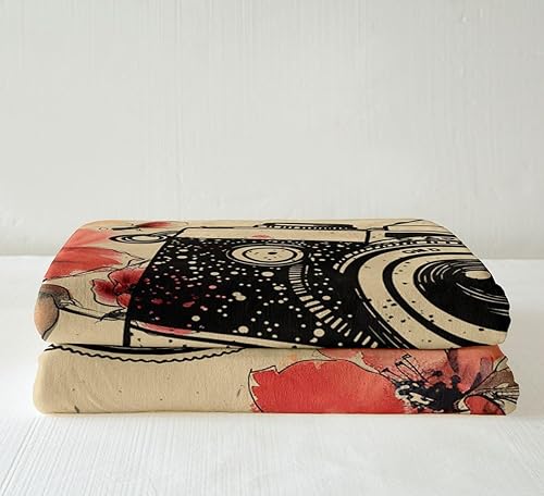 Miniatura 4 de Manta de franela para cámara retro, con diseño de flores rojas para decoración de habitaciones, tamaño doble (59.8 x 78.7 in)