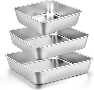 6/8/9-Inch Square Cake Pan Set, E-far Stainless Steel Square Baking Brow...