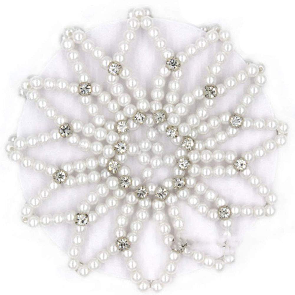 Teensery Crochet Pearl Rhinestone Hair Snood - Elastic Hair Net for Women and Girls, Ballet Dance, Skating (White, 1 Count)