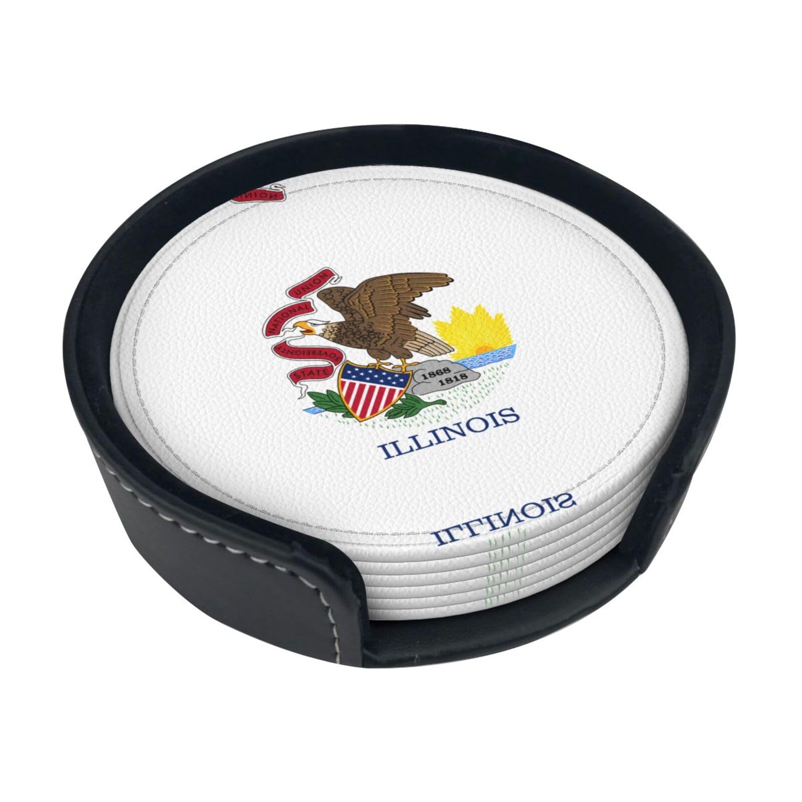 Illinois State Flag Patterned Coaster Set (6 Pack), Round Coasters, Suitable for Home Kitchen or Coffee Table Decoration
