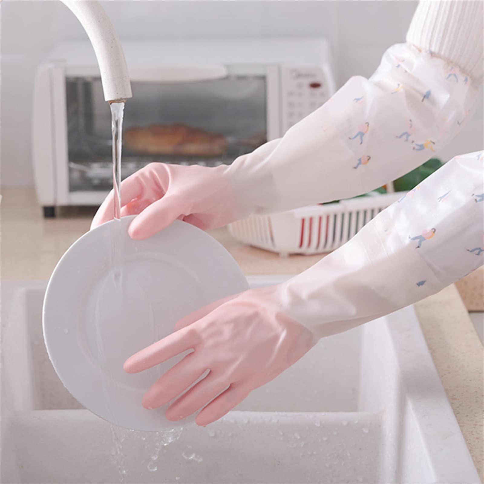 Guantes domésticos de lavado de caucho impermeable Waterproof Rubber Kitchen Cleaning Washing Household Extended Durable Household Dishwashing Gloves(Roze)