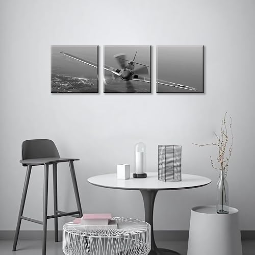 Miniatura 5 de 3 piezas de arte de pared en lienzo en blanco y negro vintage de la Segunda Guerra Mundial, aviones de combate militares, impresiones de fotografía
