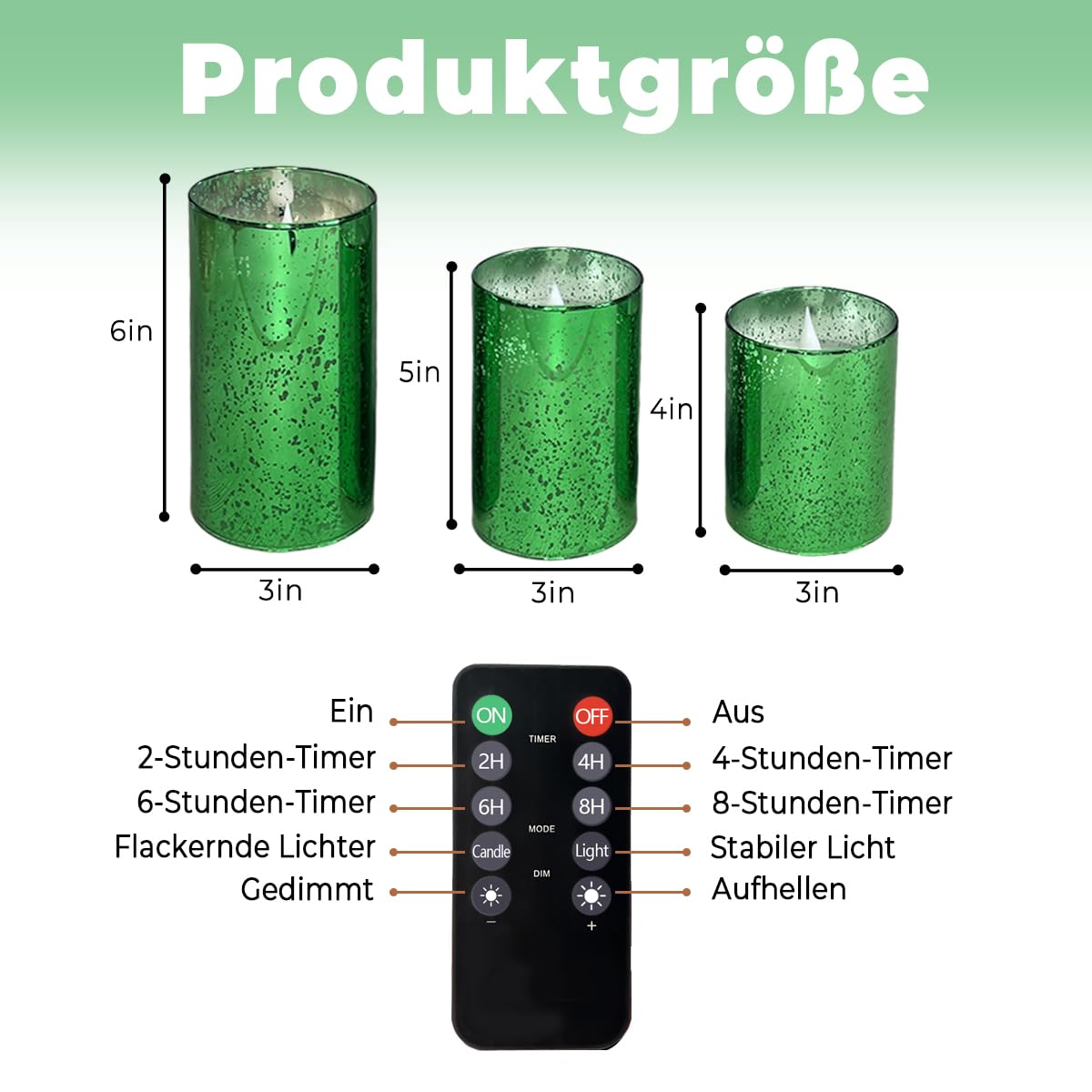 Candele a LED con funzione timer e telecomando, candele in vera cera ricaricabili USB, set da 3 pezzi, verde, fiamma tremolante, 55-100 ore, durata per Natale, camera da letto