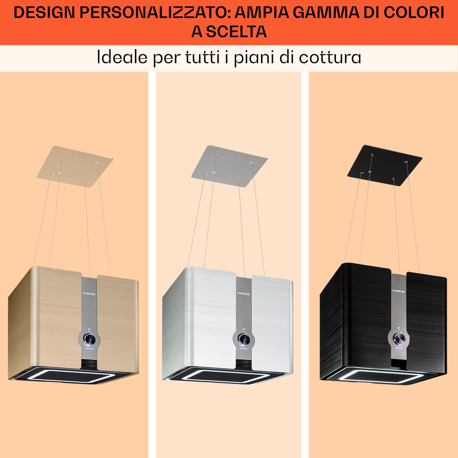 Klarstein Futurelight Smart - Cappa Aspirante, Funzione di Ricircolo con una Potenza Aspirante di 420m³/h, Cappa a Isola con Illuminazione a LED, Acciaio Inox, Oro