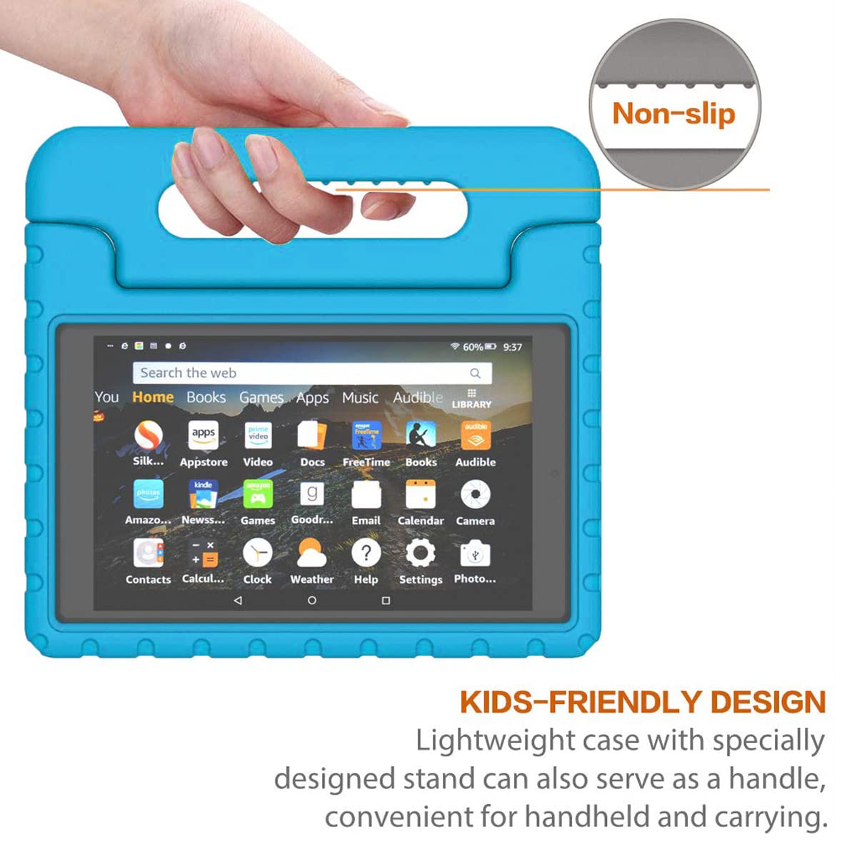Custodia per bambini per tablet Fire HD 8 di 6a/7a/8a generazione (versione 2016/2017/2018), custodia leggera e resistente in schiuma con comodo supporto, blu