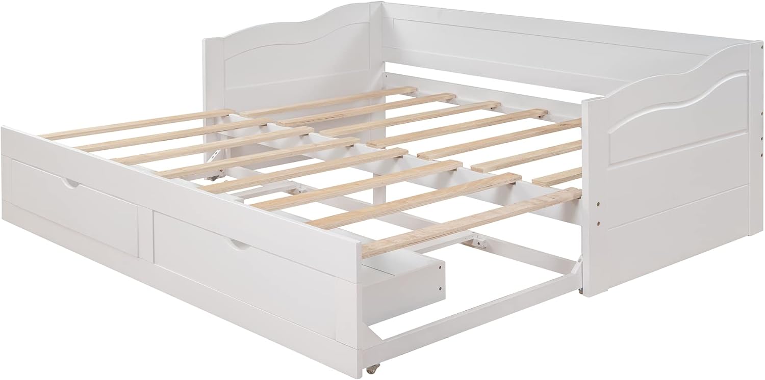 Polibi Extendable Daybed, Wooden Daybed with Trundle and Two Drawers, Convertible Sofa Bed with 2 Storage Drawers, Can be Expanded from Twin Size to King Size (White)