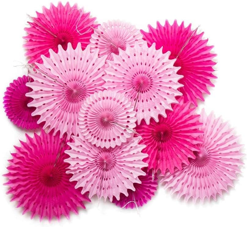 SUNBEAUTY 12Pcs Rosy Pink Paper Fans Set Pink Party Decorations Hanging Birthday Party Decoration Summer Floral Blossom Honeycomb Decor for Gril Women Birthday Wall Ceiling Wedding Baby Shower