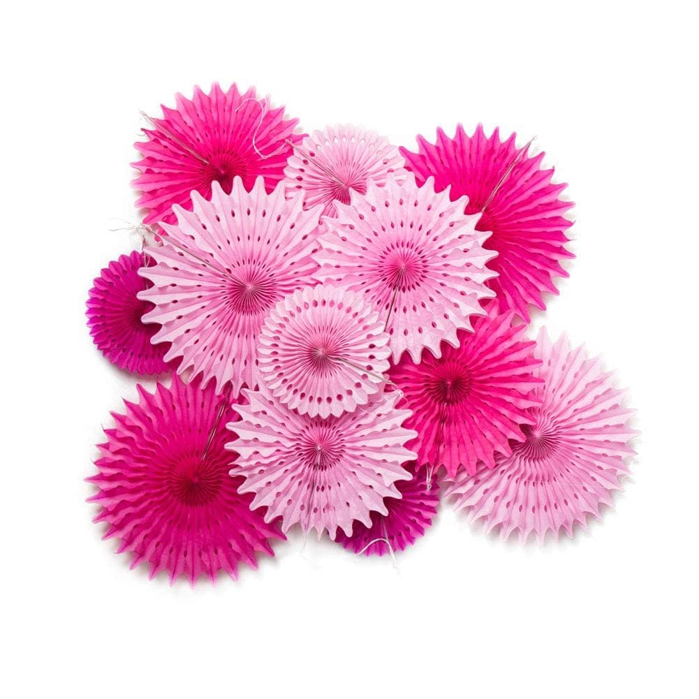 SUNBEAUTY 12Pcs Rosy Pink Paper Fans Set Pink Party Decorations Hanging Birthday Party Decoration Summer Floral Blossom Honeycomb Decor for Gril Women Birthday Wall Ceiling Wedding Baby Shower