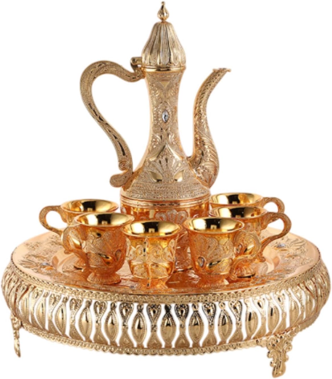 Vintage Coffee Pot Set Turkish Coffee Cup Decorative Art Crafts Wine Pot Tea Service Set Metal Wine Glass Jug Set for Kitchen, Gold