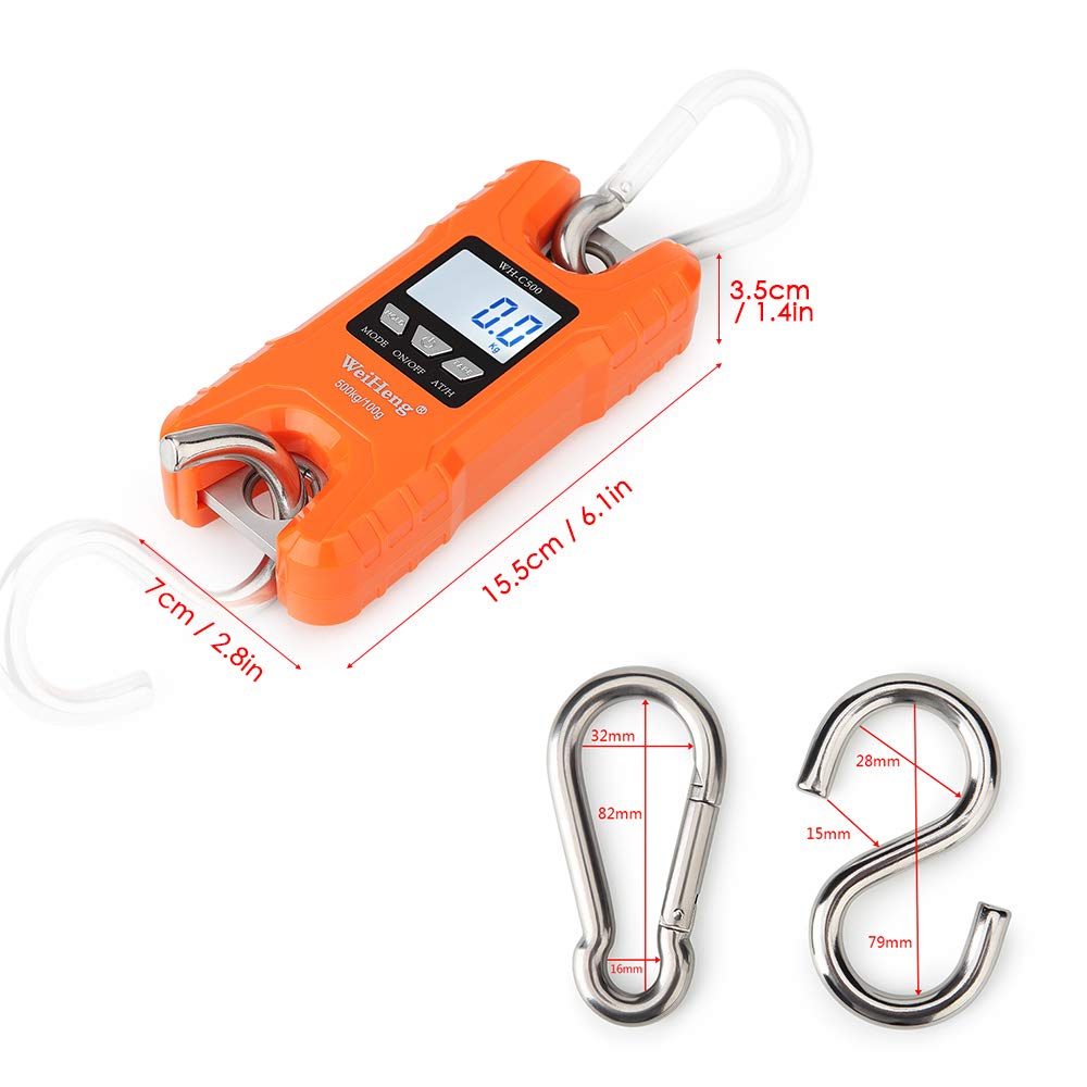 Escala Digital Báscula Digital para grúas de Trabajo Pesado Weiheng, 500 kg / 1102 lbs. Escala Multifuncional para Equipaje, con retroiluminación, Unidad LED, Kg/LB para la Pesca en el merca