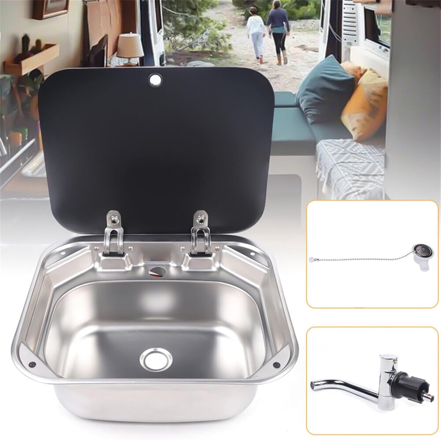 RV Sink Square Single Bowl Sink Stainless Steel Sink with Hot & Cold Faucet Multifunctional Hand Wash Basin for Bars Food,