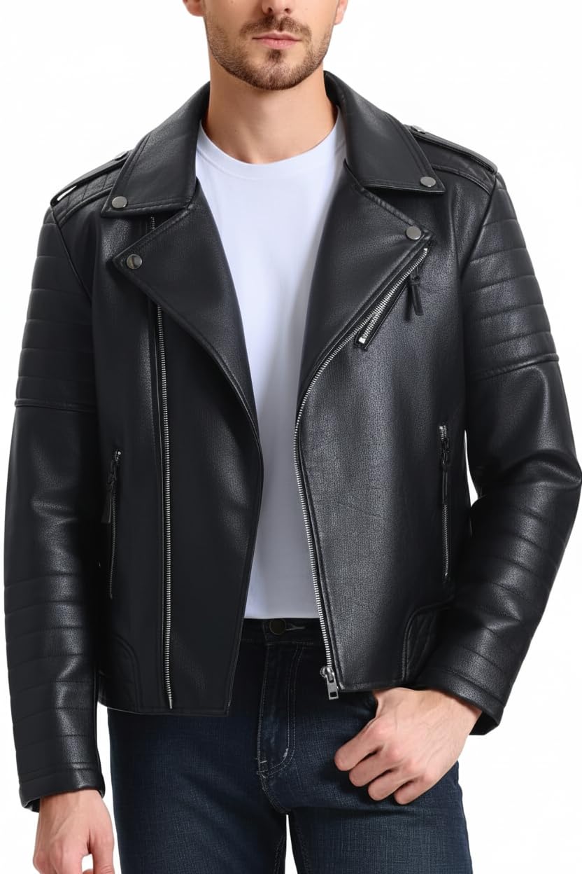 Mens Faux Leather Biker Jacket Black-picture-28