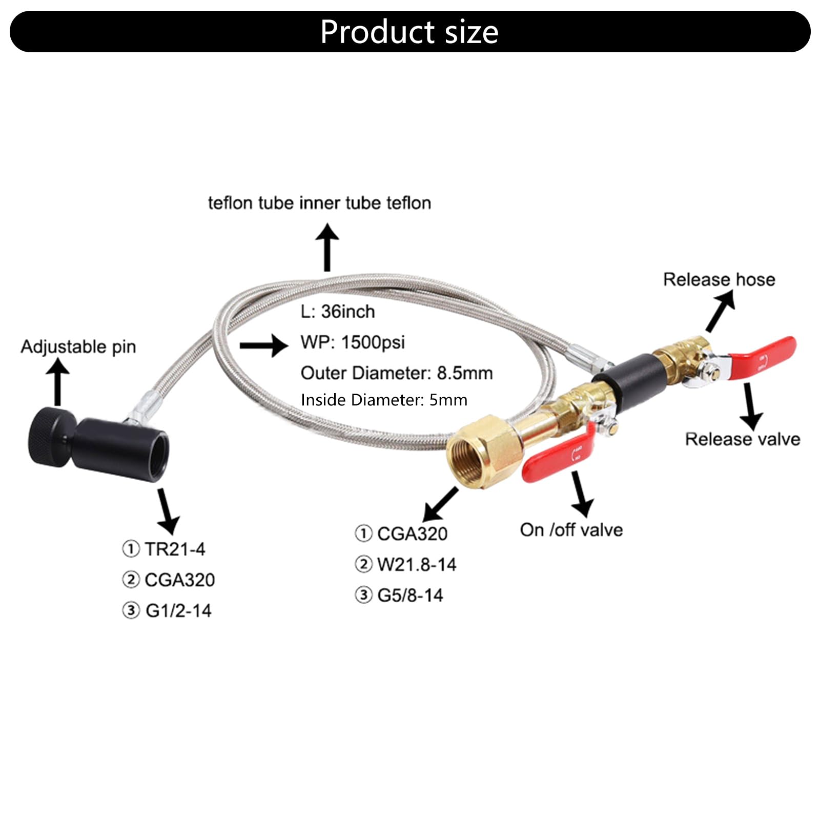 Adattatore per tubo di ricarica per bombole di CO2 in acciaio inox da 91,4 cm, connettore per stazione di CO2 per cilindro di riempimento