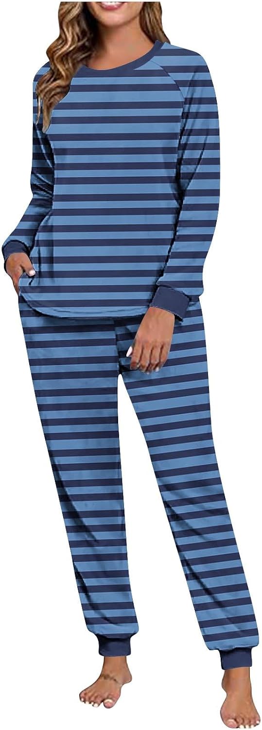 Women Pajama Sets Striped Color Block Casual 2Pc Sleepwear Long Sleeve Pullover Top Jogger Pants Pjs Bottom with Pockets