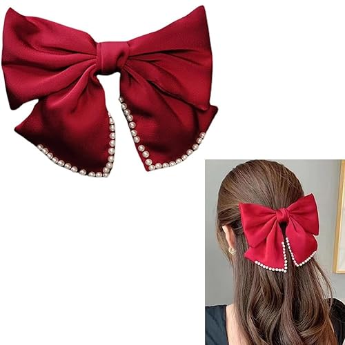 Pinzas para el cabello con lazo rojo grande para mujeres y niñas, pinzas de satén y perla para mujer, lazos para el cabello, pasadores de lazo,