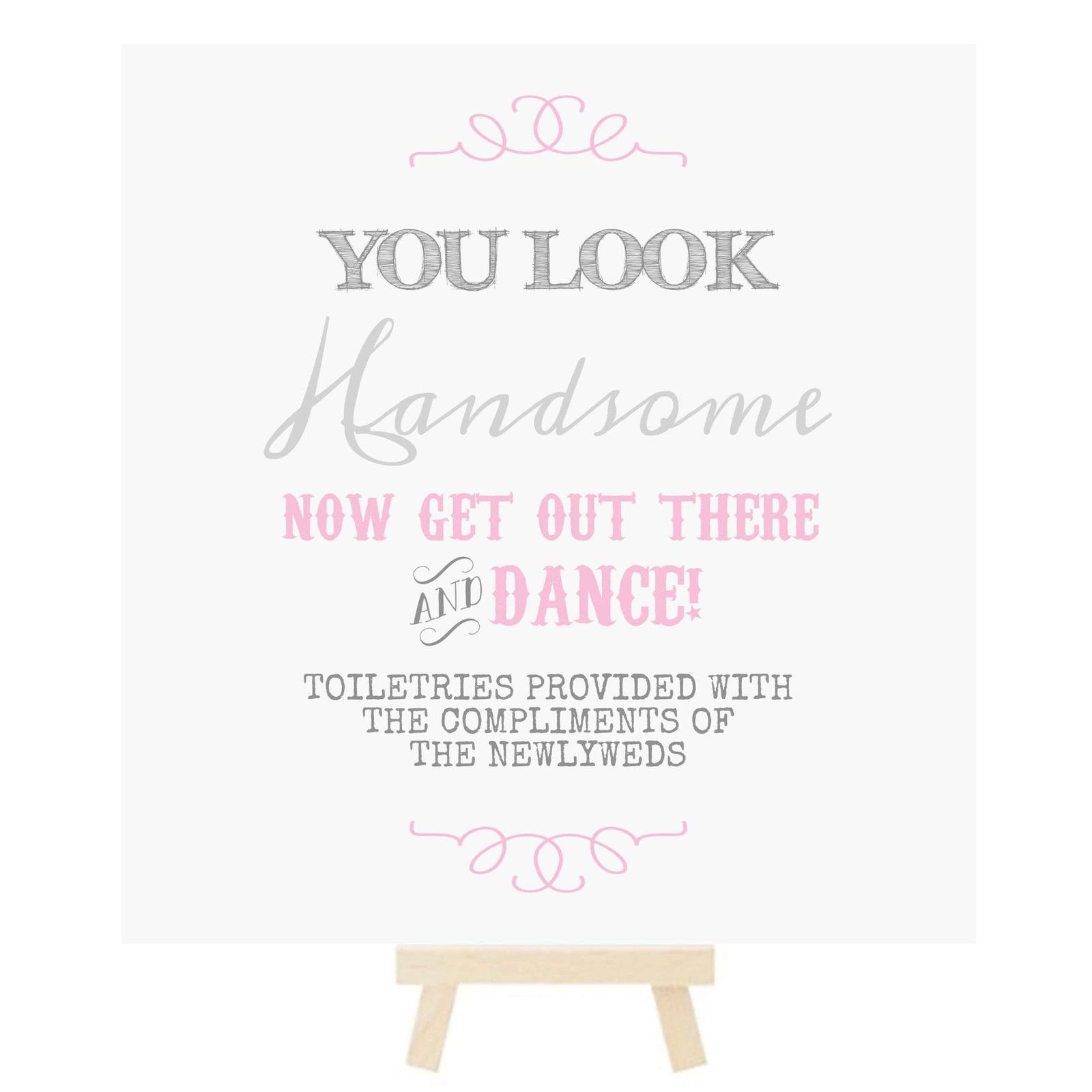 Wedding Gents Toiletry Bathroom Basket Sign with Mini Wooden Easel in A Range of Pastel Colours (E8) (Pink and Grey)