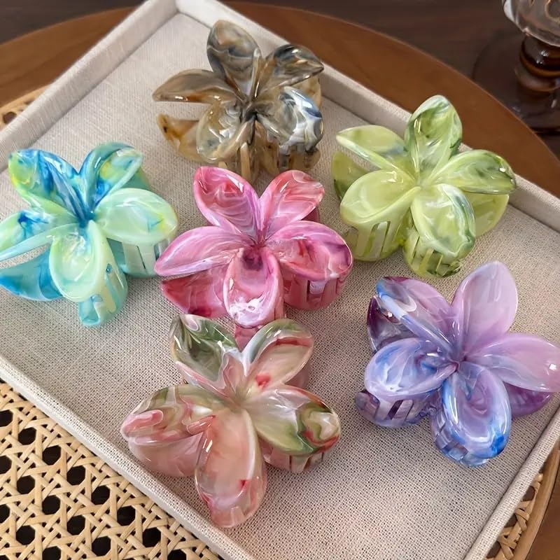 Image of Flower Claw Clip for Women - 3 Pc Hawaiian Plumeria Flower Hair Clip Set, Strong Hold Floral Clutcher, Large Matte Claw Clips for Thick & Thin Hair for Girls