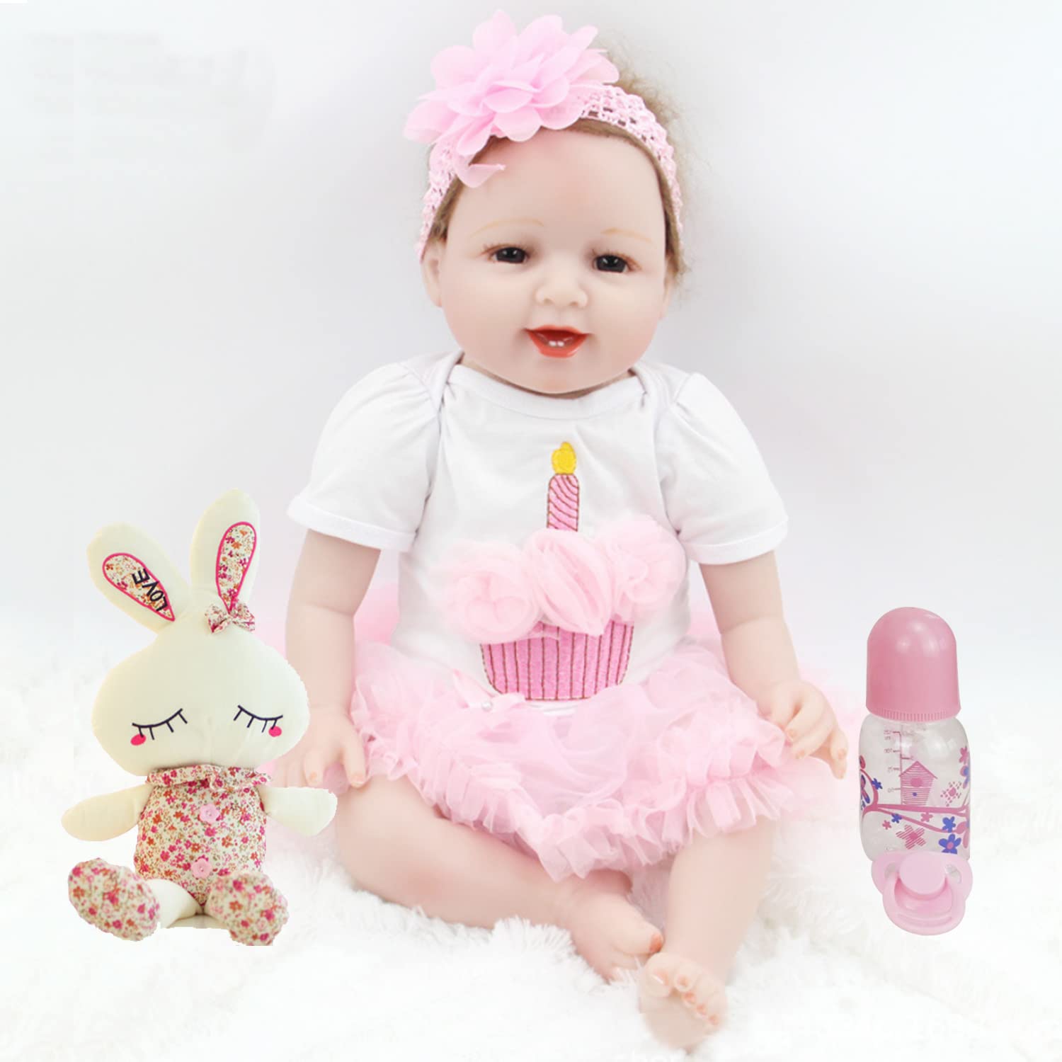 Beauenty Reborn Baby Doll 22 inch Realistic Newborn Baby Dolls - Lifelike Weighted with Soft Silicone Doll Girls with Rabbit Plush & Doll Clothes & Accessories for Age 3+ (22 inch, Pink)