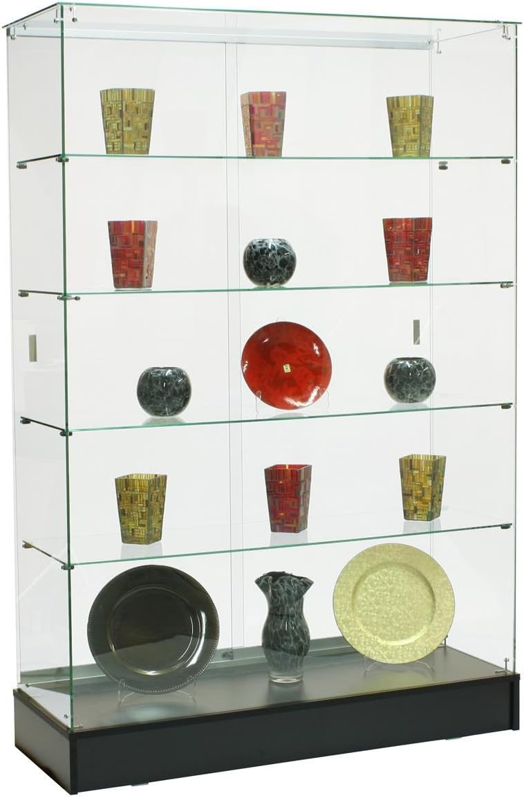 Displays2go Glass Cabinet with 4 Fixed-Height Glass Shelves, Lockable Sliding Door, 48 x 72 Inch Frameless Display Case for Clear Viewing - Black, Particle Board Base