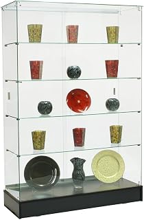 Displays2go 48x72 Inch Frameless Glass Curio Cabinet with 4 Shelves, Lockable Sliding Door - Black Base for Collectibles Display