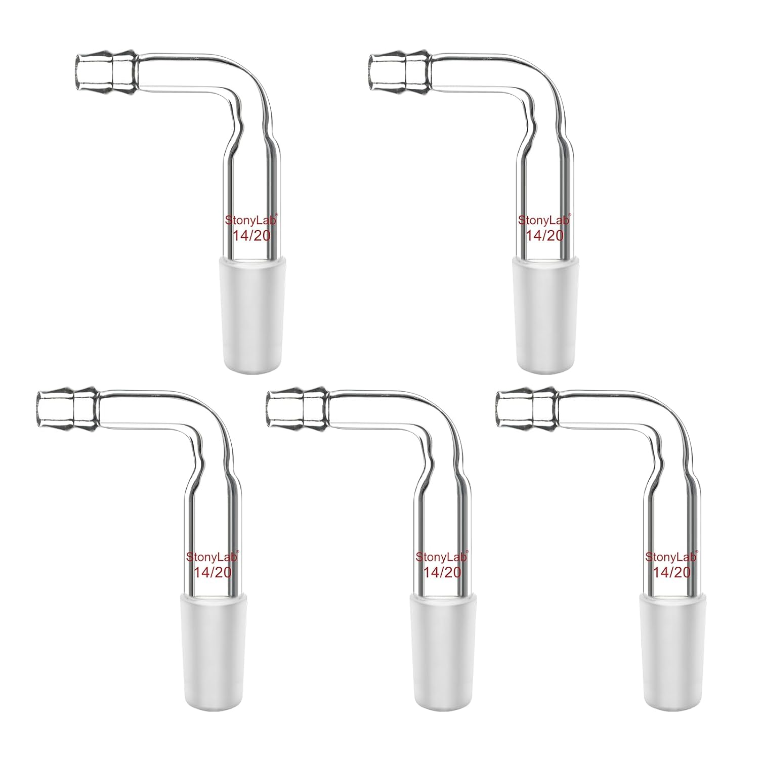 stonylab Bent Inlet Adapter, 5 Pack Borosilicate Glass Bent Inlet Adapter with 14/20 Joint and Hose Connection Lab Glassware