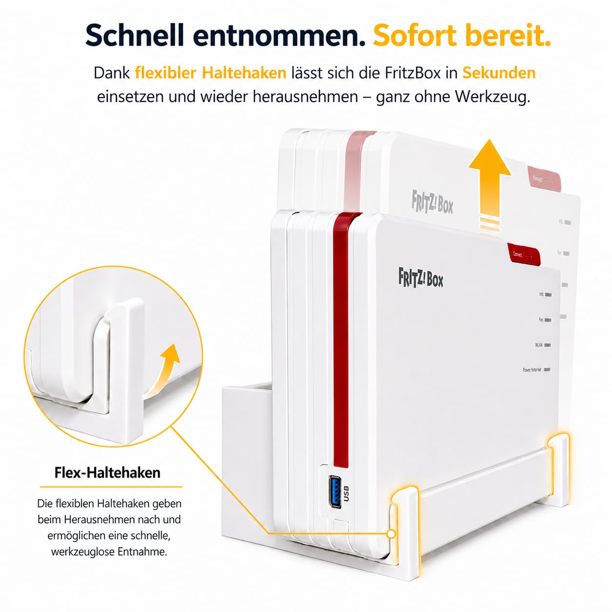 OSAZEE Wandhalterung für AVM FritzBox 5690 Pro – 9 cm Wandabstand für optimale Kabelführung – Überkopf & Untertisch montierbar – inkl. Schrauben & Dübel – Made in Berlin