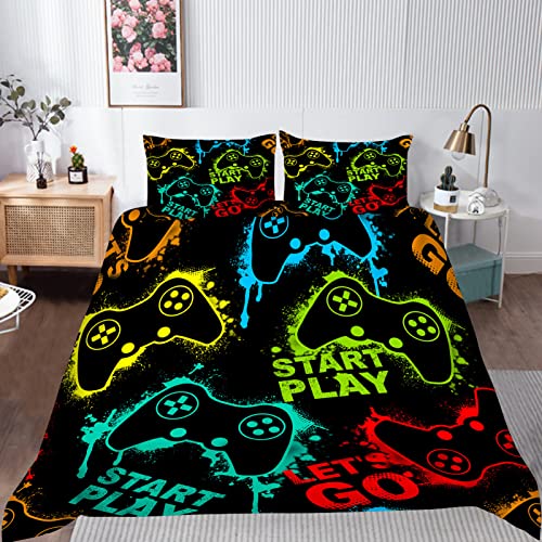 YUANZU Gamer Bedding Set Double for Kids Boys Teens Duvet Cover Set 3 Pieces Silhouette Gamepad Joystick Game Printed Soft Microfiber Quilt Cover with Zipper Closure (200 x 200 cm & 2Pillowcase)