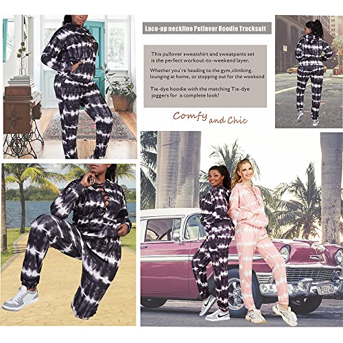 Jnneyuu Women's 2 Piece Outfits Tie Dye Sweatsuits Pullover Hoodie Tracksuit Lace-Up Neckline Sweatshirt And Jogging Suits #TOP1