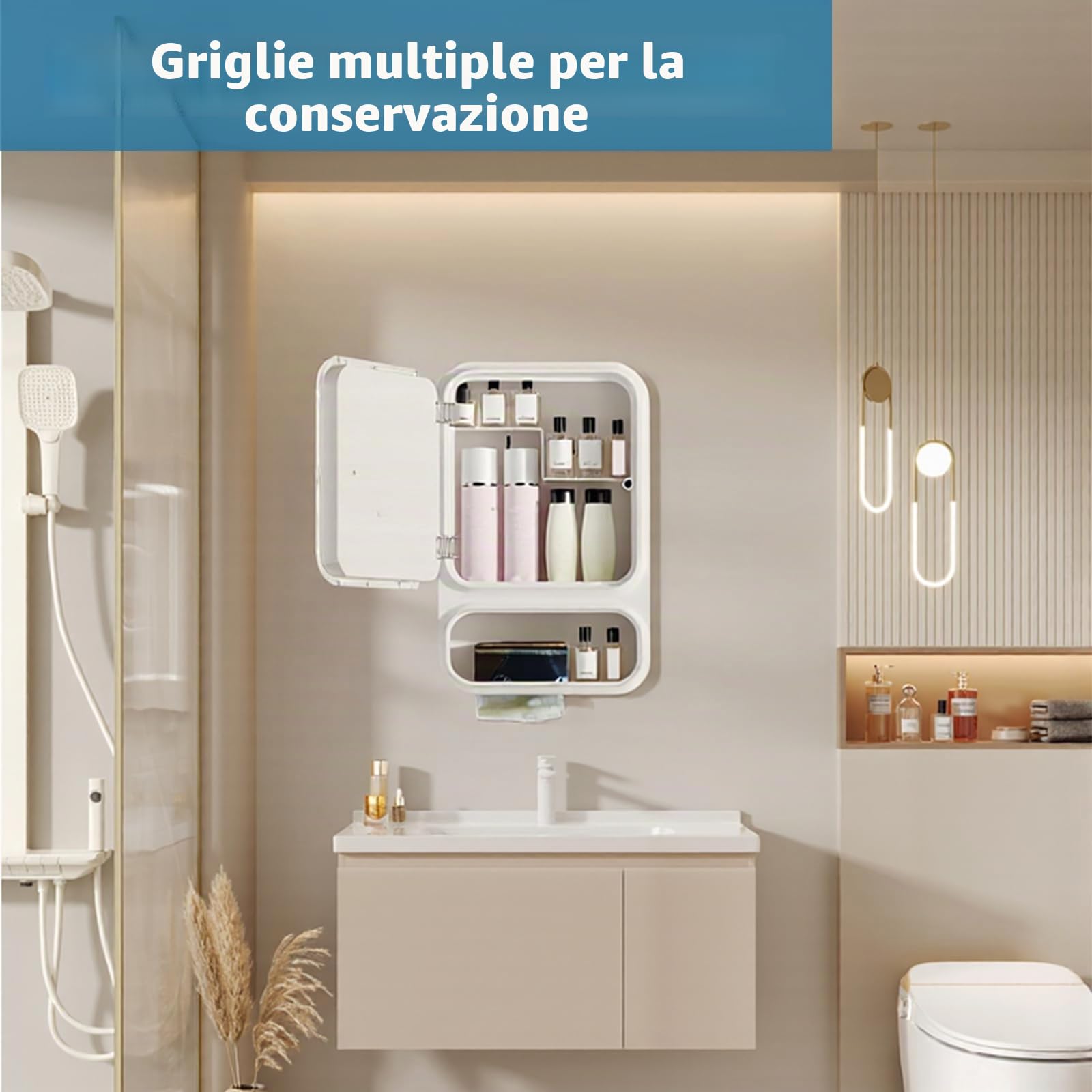 Armadietto da bagno con specchio, montaggio a parete, salvaspazio, in plastica, con fessura per fazzoletti e porta magnetica, per trucchi, articoli da toeletta