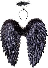 Winwild Engelsflügel mit Heiligenschein,Engel und Teufel Flügel Kostüm für Damen und Mädchen Kinder für Halloween Karneval Cosplay Party Fasching Kostümparty Verkleidung(Schwarz,45 x 45 cm)