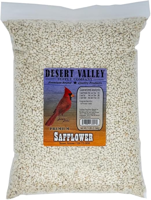 Desert Valley Safflower Seed, All Natural, Non-GMO Premium Wild Bird Food for Cardinals, Jays, Doves and More (5 Pounds)