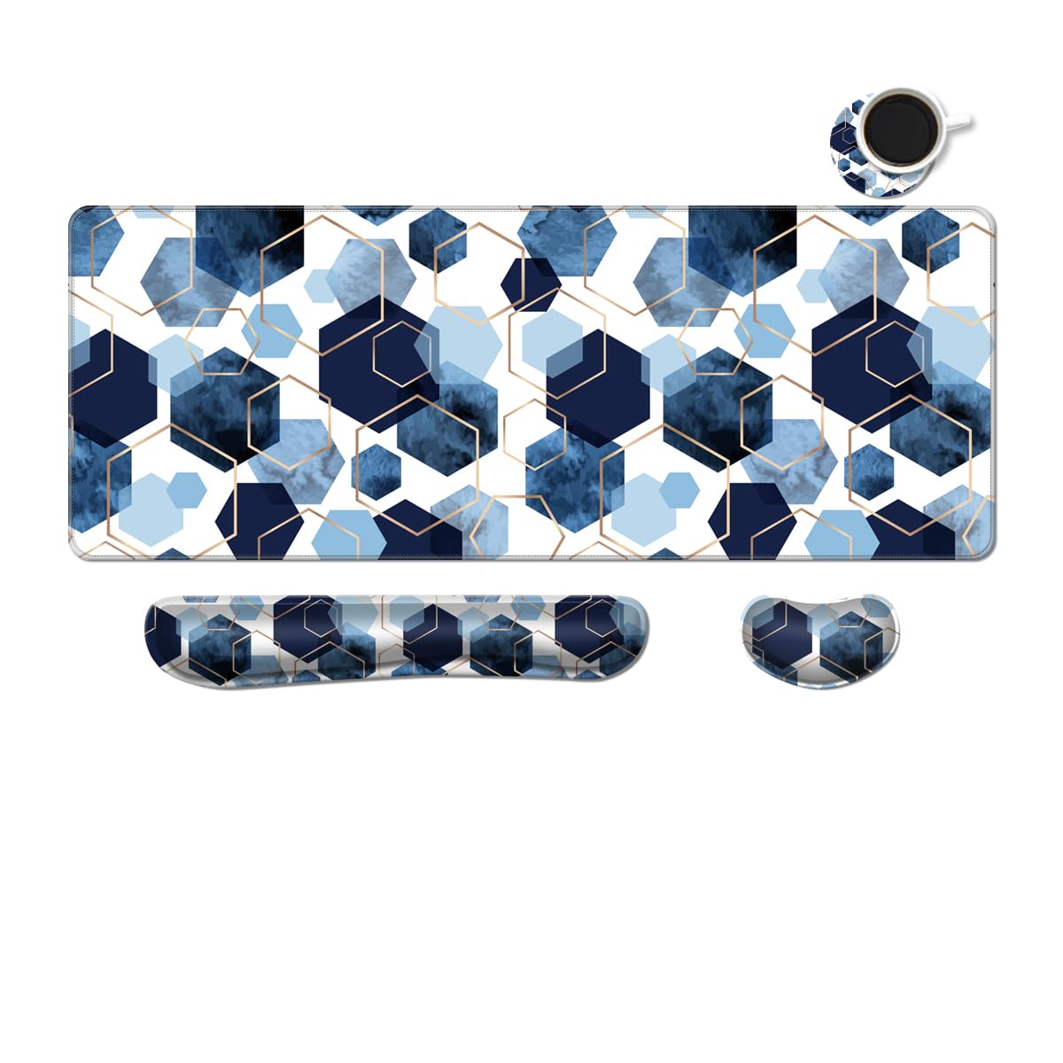 MIBITRI Keyboard Mouse Pad Set, Extended Gaming Mouse Pad+Ergonomics Keyboard Wrist Rest Support, Memory Foam, Easy Typing Pain Relief, 3Pcs XXL Ultra Thick Desk Mat, Geometry