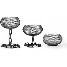 3-Piece Metal Votive Candle Holders Set Matte Black Mesh Tealight Holders with Chain-Link Stands, Industrial Chic Centerpiece for Home Tabletop, Mantel, Wedding & Outdoor Decor