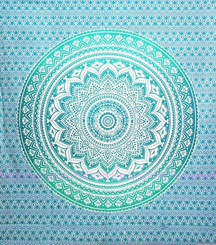 Jaipur Handloom Green Tapestry Twin Green Ombre Tapestry Teal Aqua Hippie Wall Tapestries Ombre Bedding Dorm Decor Mandala Tapestry Indian Mandala Wall Art Bohemian Bedspread #TOP6