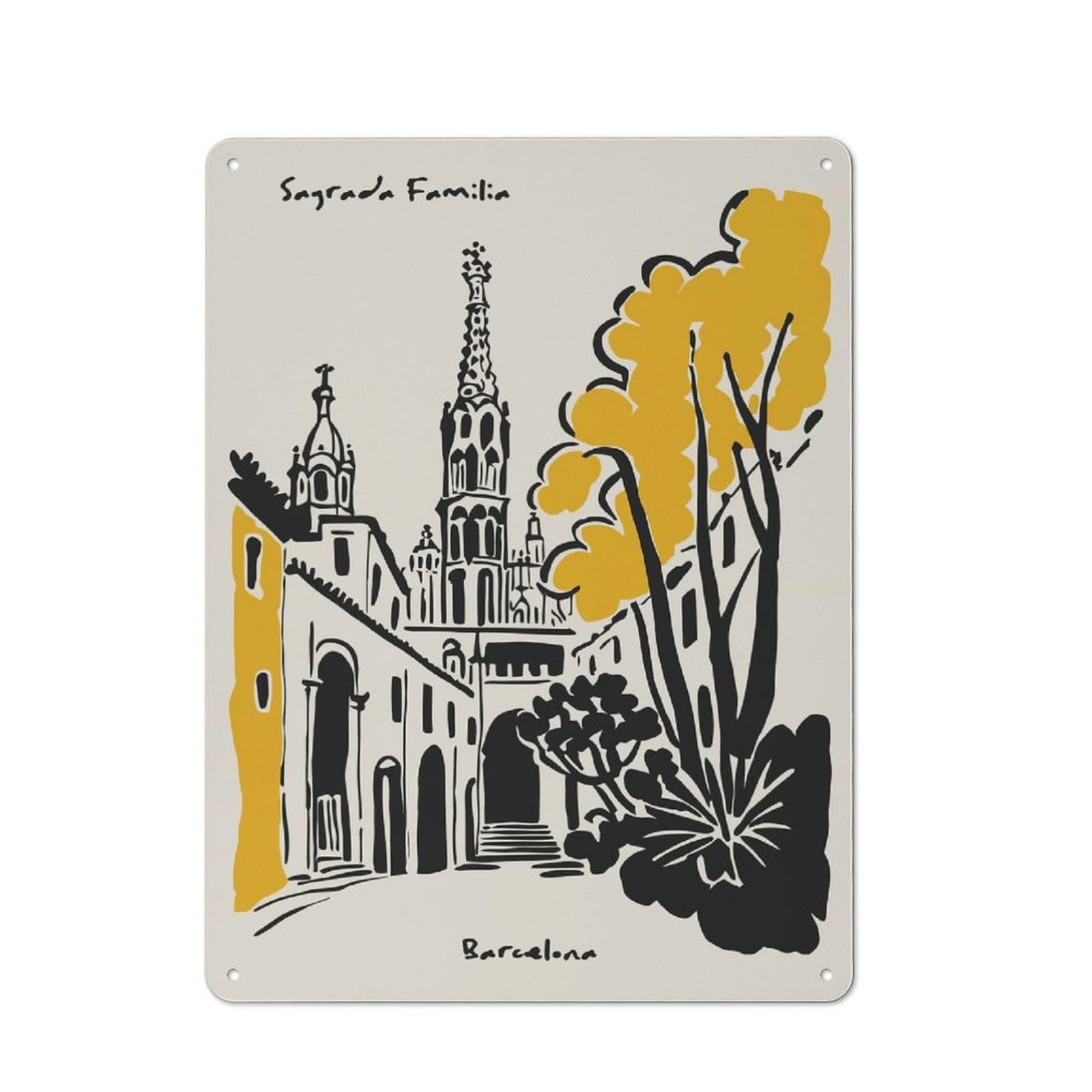 Junmoney Style-5 Tin Wall Plaque 40X30cm With Sagrada Familia Barcelona Illustration For Home Bar Wall, New-Space Wall Decor For Hosts Who Enjoy Retro Interiors