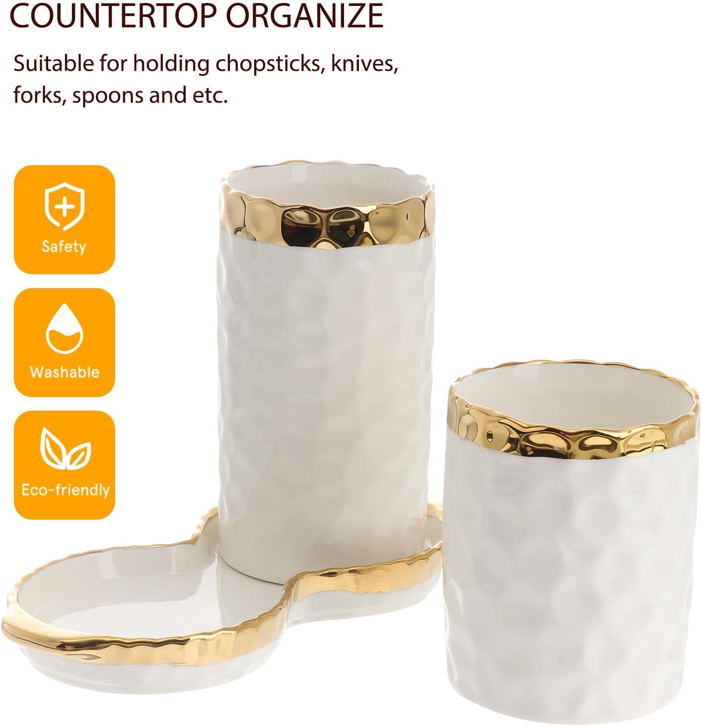 Ceramic Chopstick Holder and Utensil Crock Set, Double Compartment Countertop Organizer with Drain, White Kitchen Tool Storage for Home Use