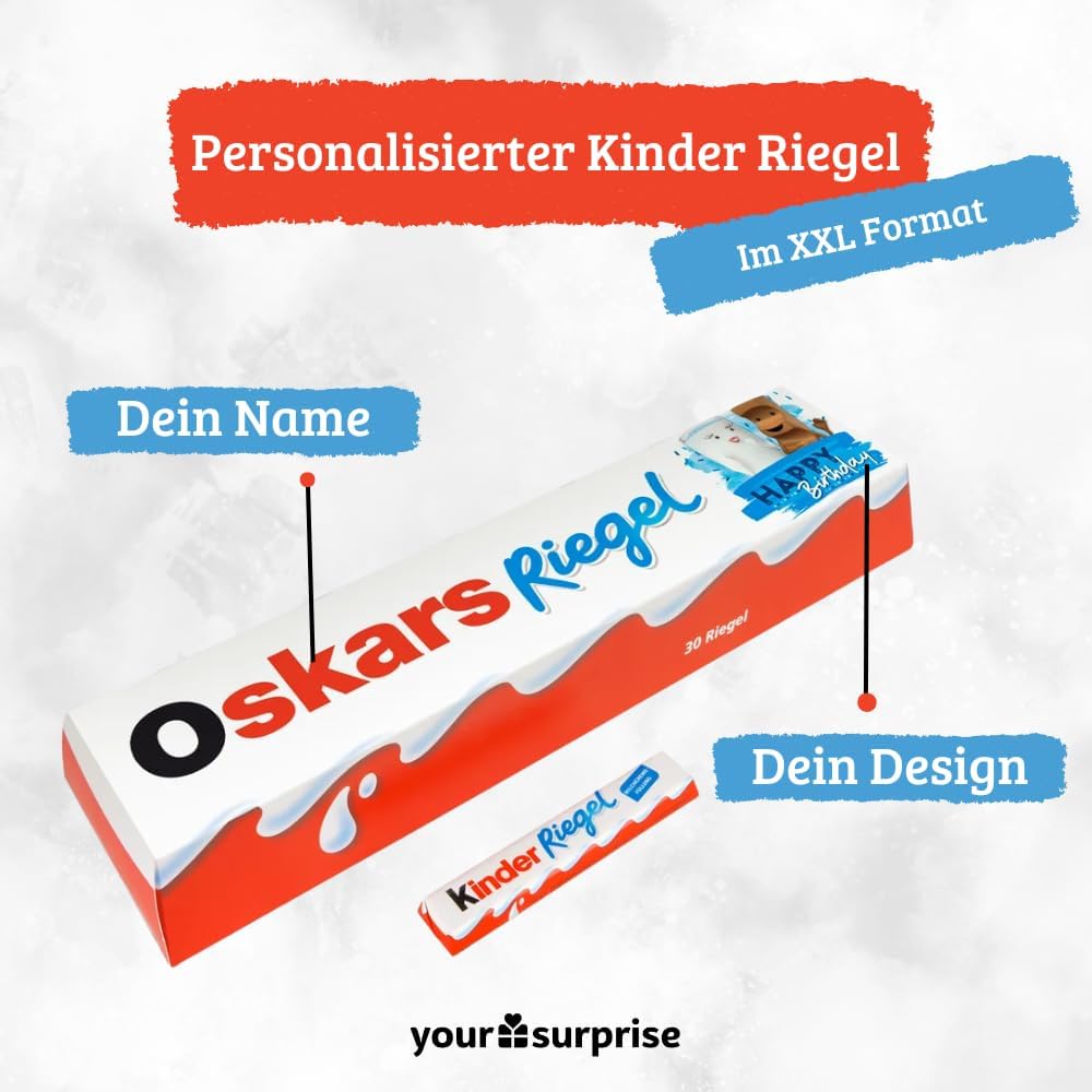 XXL kinder Riegel personalisiertes Geschenk mit Name - Geburtstagsgeschenk für Männer und Frauen personalisiert mit 3x 10er Packung kinder Riegel Schokolade (630 gramm)