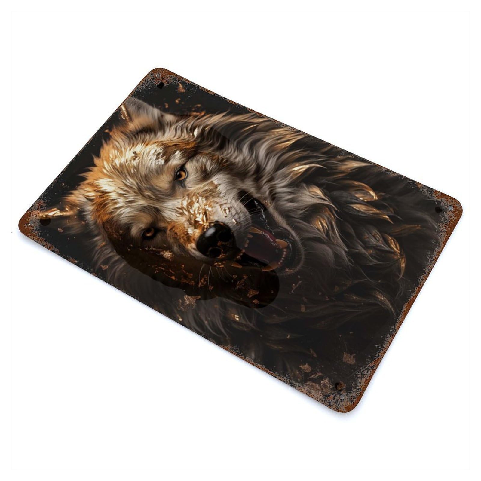 White Wolf in Gold Rustic Tin Plaque 11.8"x7.9", Novelty Wall Decor for Garage, Pub Or Kitchen