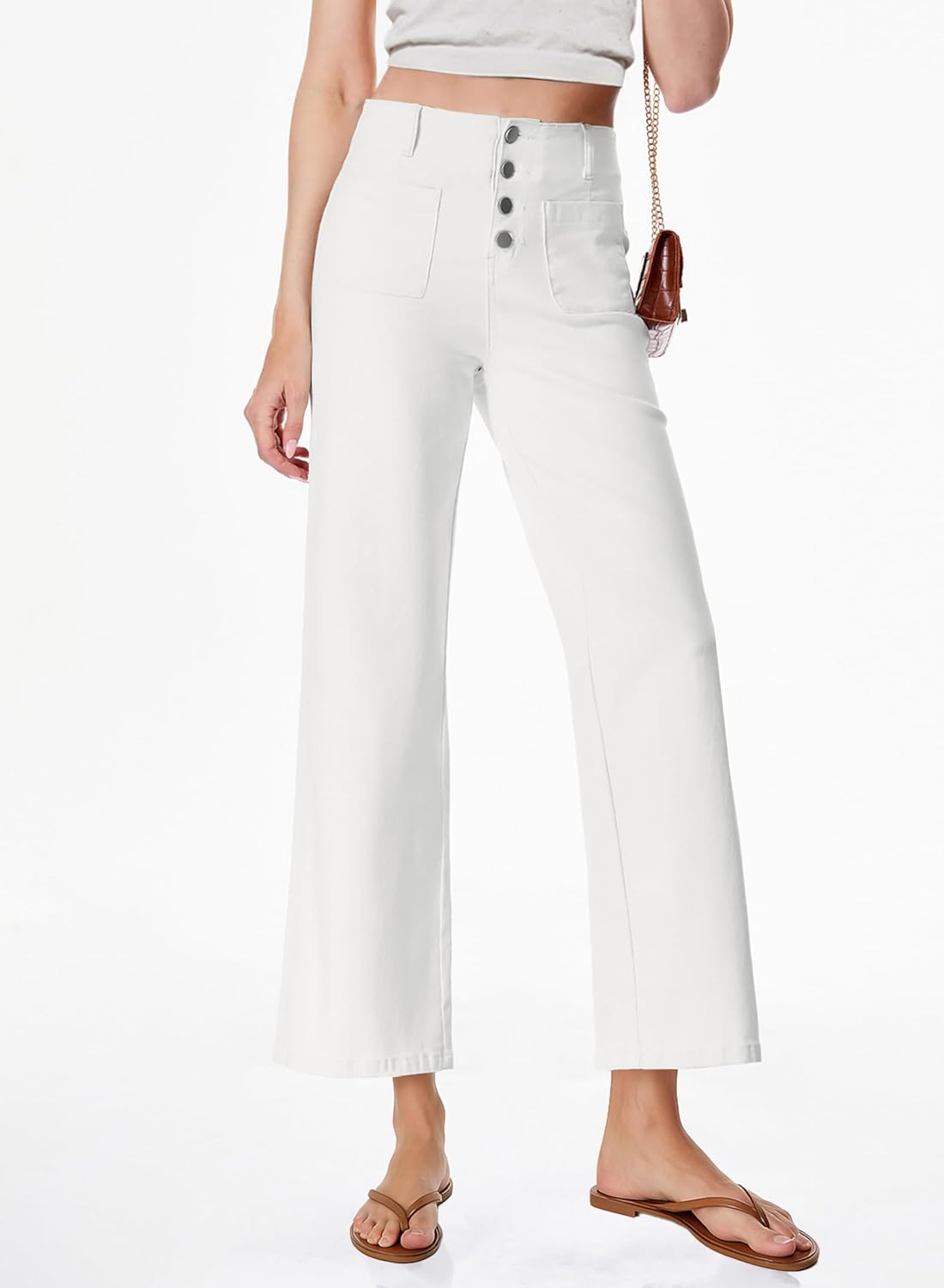 Sidefeel Women's Wide Leg Jeans High Waisted Stretchy Straight Leg Jeans Buttoned Loose Denim Pants with Pocket White Size 4 Short - Image 7