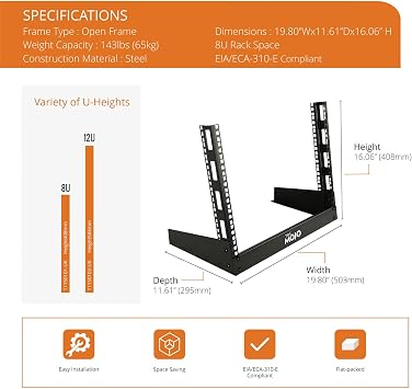 Tecmojo 2 Post Desktop Server Rack Open Frame Rack for 19in AV/Data/Audio/Studio Equipment Free Standing on Home/Office Table (8U)